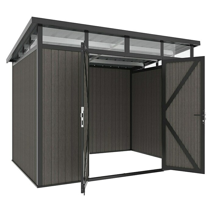 Gerätehaus 9x7 (Außenmaß inkl. Dachüberstand (B x T): 300 x 225,6 cm, Verbundwerkstoff, Silver Gray) | BAUHAUS