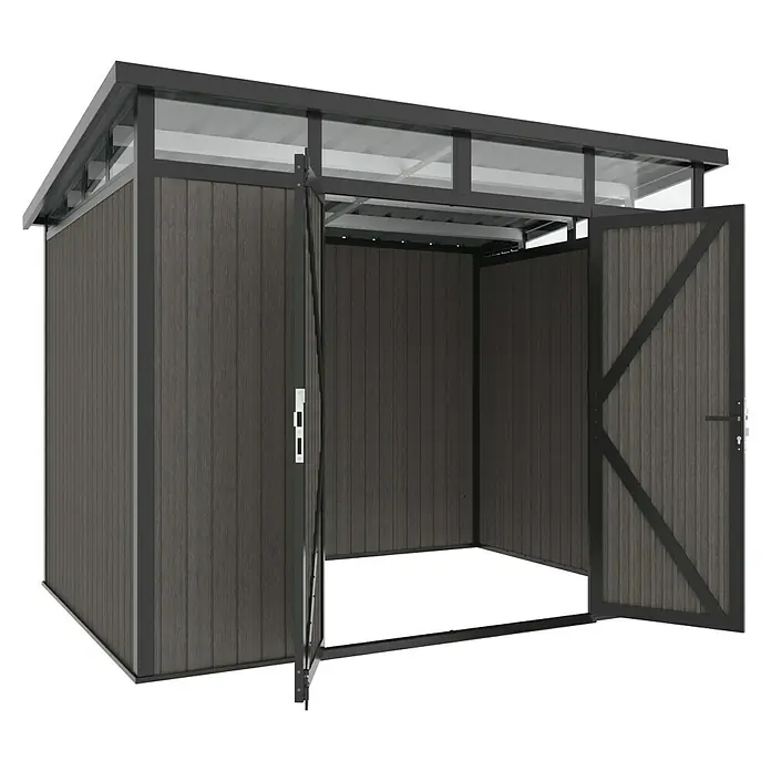 Gerätehaus 9x7 - Außenmaß inkl. Dachüberstand (B x T): 300 x 225,6 cm, Verbundwerkstoff, Silver Gray - Eine moderne Gerätehaus-Ansicht mit geöffneten Türen, die einen Einblick in den Innenraum ermöglicht und das stilvolle Design hervorhebt.