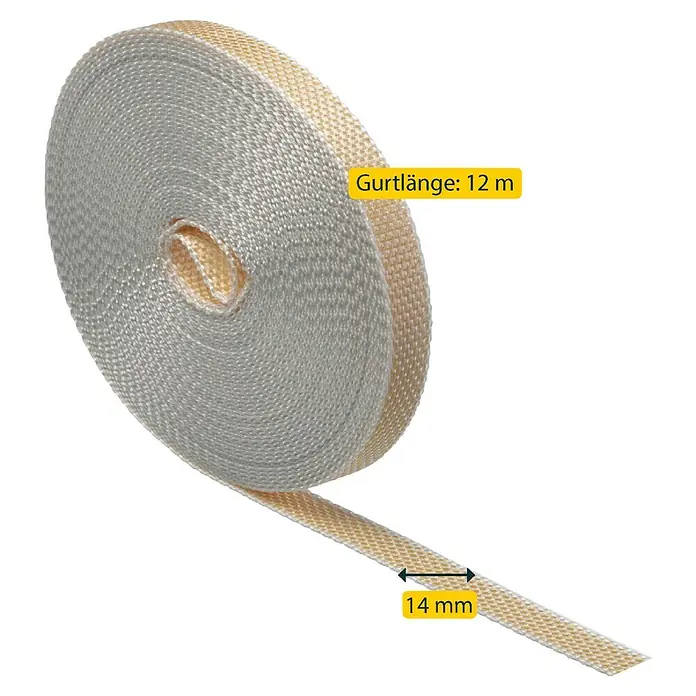 Schellenberg Rollladengurt Mini - Beige, Länge: 12 m, Gurtbreite: 14 mm - Abbildung einer Rolle aus 14 mm breitem Textilband mit einer Länge von 12 m. Das Band ist aufgerollt und die Dimensionen sind angegeben.