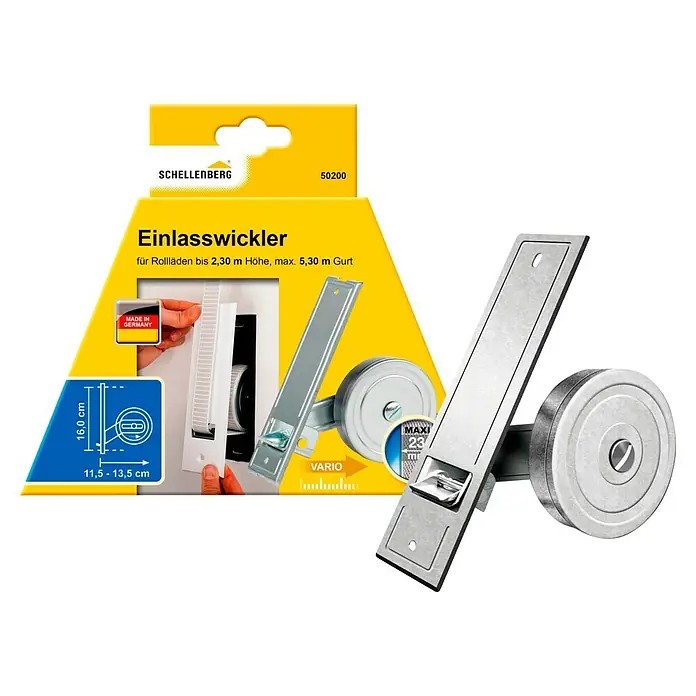 Schellenberg Rollladen-Gurtwickler Maxi - Lochabstand: 160 mm, Gurtbreite: 23 mm, Max. Gurtlänge: 5,3 m - Abbildung eines Schellenberg Einlasswickler für Rollläden bis 2,30 m Höhe und maximal 5,30 m Gurt, inklusive Verpackung.