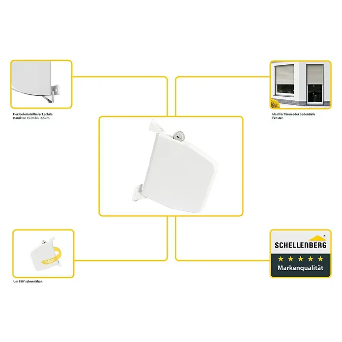 Schellenberg Aufschraubwickler Flexo - 150 x 25 x 190 mm, Geeignet für: Rollladen-Mini-Systeme - Produktbild einer weißen Schellenberg Halterung mit verstellbarem Lochabstand und Schwenkfunktion für verschiedene Fenster- und Türtypen.
