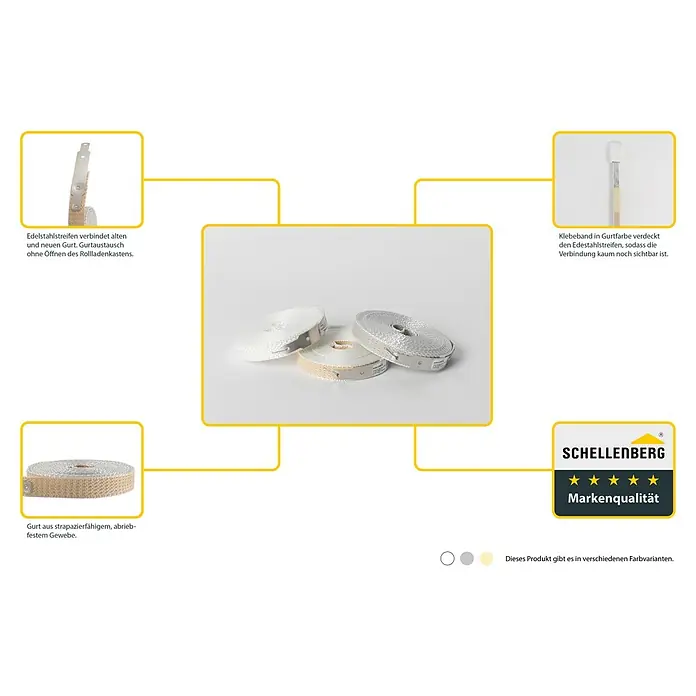 Schellenberg Gurtfix Mini - Länge: 4,3 m, Gurtbreite: 14 mm, Beige - Produktbild von Schellenberg Rolladengurten in verschiedenen Farben. Die Gurte sind aus strapazierfähigem Material gefertigt.