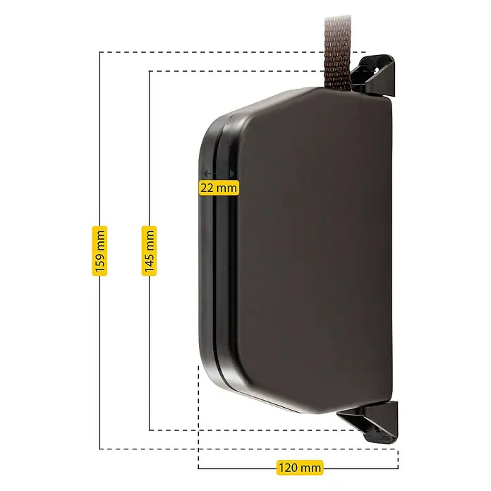 Schellenberg Aufschraubwickler Mini - L x B x H: 120 x 22 x 159 mm, Gurtbreite: 14 mm, Braun - Produktbild einer braunen, selbstaufrollenden Gurtkassette mit Größenangaben.\n