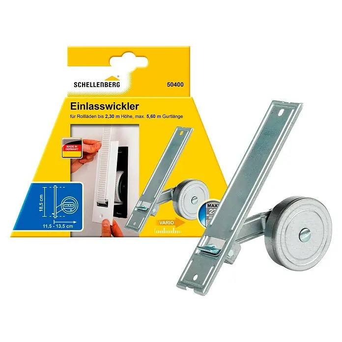 Schellenberg Rollladen-Gurtwickler Maxi - Lochabstand: 185 mm, Gurtbreite: 23 mm, Max. Gurtlänge: 5,6 m - Ein Rolladen-Einlasswickler von Schellenberg (Modell 50400) für Rolläden bis 2,30 m Höhe und maximal 5,60 m Gurtlänge.