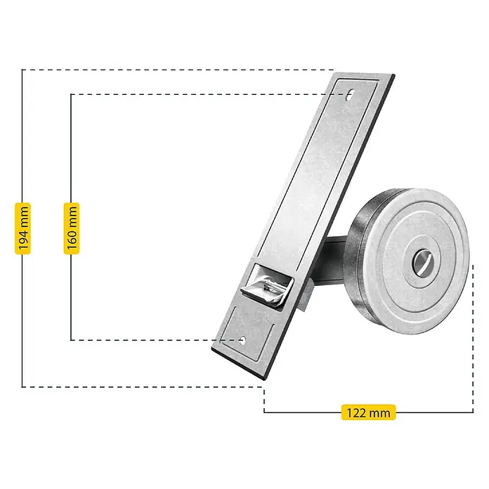 Schellenberg Rollladen-Gurtwickler Maxi - Lochabstand: 160 mm, Gurtbreite: 23 mm, Max. Gurtlänge: 5,3 m - Bild einer Tür-Bodenschliesse aus Edelstahl mit zugehörigen Maßen. Die Bodenschliesse ist silberfarben und schräg ausgerichtet.