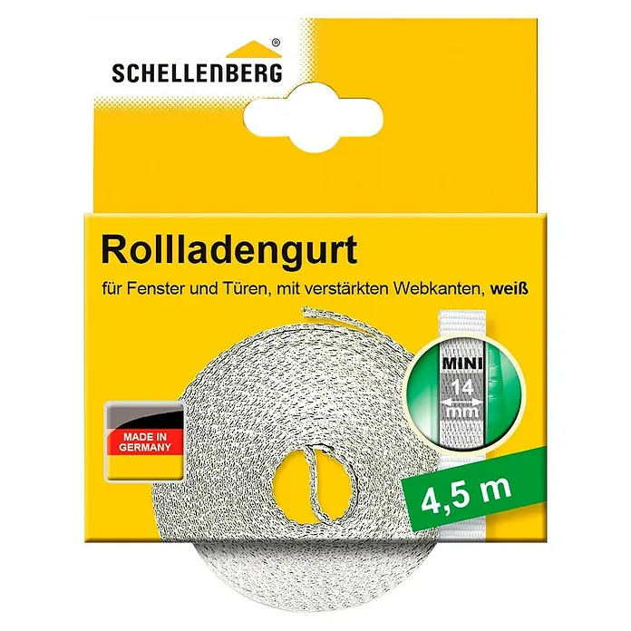Schellenberg Rollladengurt Mini - 4,5 m, Breite: 14 mm, Weiß - Schellenberg Rollladengurt für Fenster und Türen, verstärkte Webkanten, weiß, 4,5 m. Hergestellt in Deutschland.