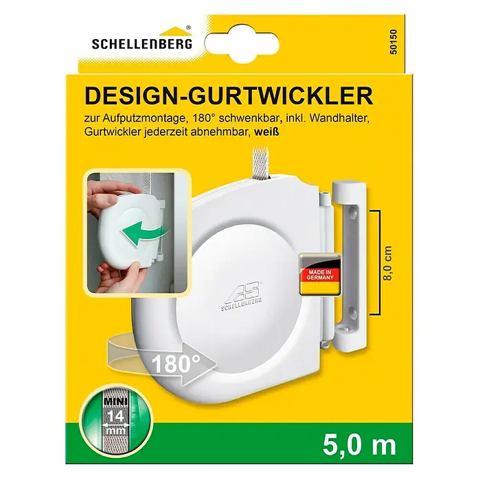 Schellenberg Aufschraubwickler - 143 x 22 x 157 mm, Geeignet für: Rollladen-Mini-Systeme, Weiß - Bild einer Schellenberg Design-Gurtwickler-Verpackung, die eine einfache Montage und einen Schwenkbereich von 180° bietet.