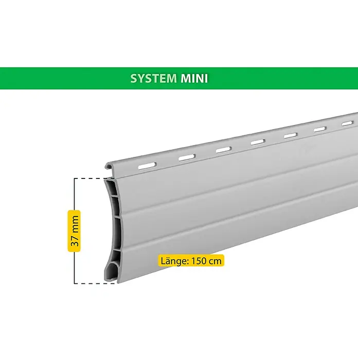 Schellenberg Rollladenprofil Mini - L x H: 150 x 3,7 cm, Geeignet für: Rollladen-Mini-Systeme, Grau - Produktbild einer Rollladenlamelle aus Kunststoff mit den Maßen 37 mm Höhe und 150 cm Länge.