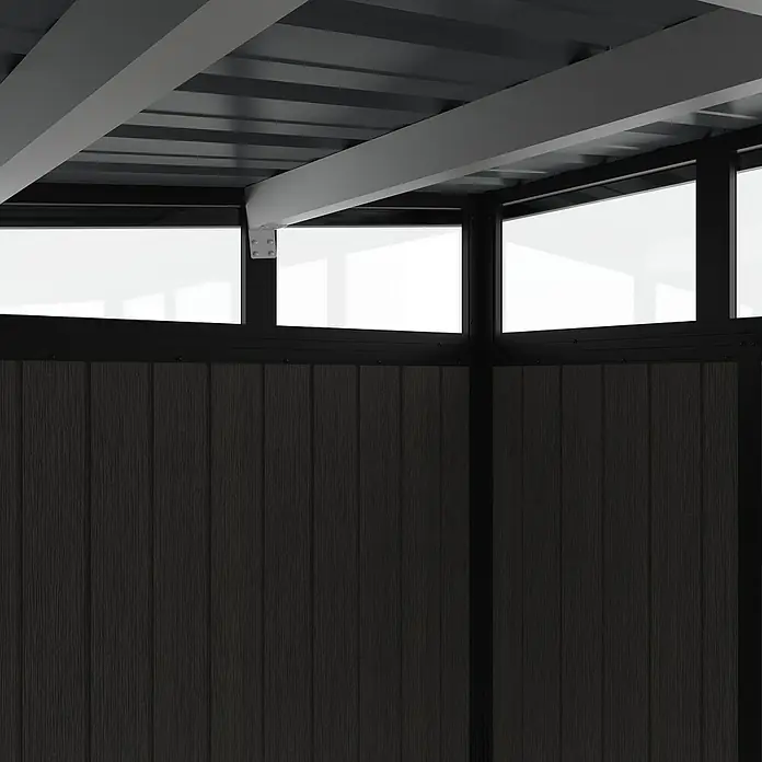 Gerätehaus 7x7 - Außenmaß inkl. Dachüberstand (B x T): 237 x 225,6 cm, Verbundwerkstoff, Silver Gray - Bild eines Gartenhauses mit dunklen Holzpaneelen und einem grauen Dach, das Stabilität und Schutz bietet.