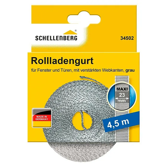 Schellenberg Rollladengurt Maxi - Grau, Länge: 4,5 m, Gurtbreite: 23 mm - Bild einer Schellenberg Rolladengurt-Verpackung, 4,5 m lang, grau, verstärkte Webkanten, geeignet für Fenster und Türen, mit Größenangabe 23mm.