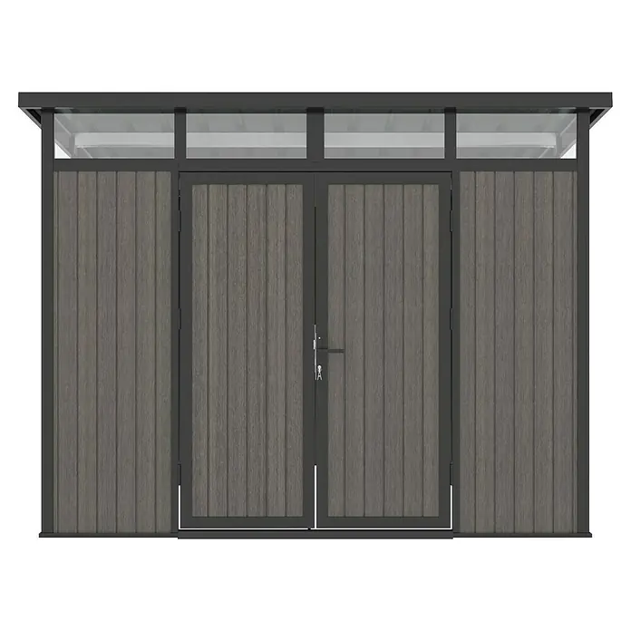 Gerätehaus 9x7 - Außenmaß inkl. Dachüberstand (B x T): 300 x 225,6 cm, Verbundwerkstoff, Silver Gray - Doppeltür-Gartenschuppen mit Holzpaneelen. Das Produkt ist mit einem grauen Rahmen und einem transparenten Oberlicht ausgestattet.