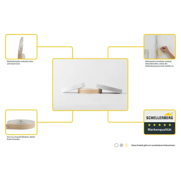 Schellenberg Gurtfix Mini - Länge: 4,3 m, Gurtbreite: 14 mm, Grau - Das Bild zeigt eine Nahaufnahme von drei aufgereihten Rollladengurten in verschiedenen Farben, die für ihre Strapazierfähigkeit bekannt sind.