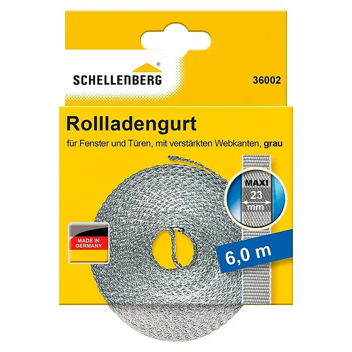 Schellenberg Rollladengurt Maxi - Grau, Länge: 6 m, Gurtbreite: 23 mm - Produktverpackung einer grauen Schellenberg Rollladengurt, 6,0 m lang, mit verstärkten Webkanten, geeignet für Fenster und Türen.