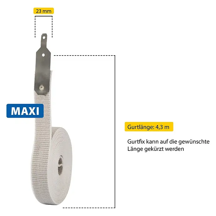 Schellenberg Gurtfix Maxi - Länge: 4,3 cm, Gurtbreite: 23 mm, Grau - Bild einer MAXI Gurtfix-Rolle mit einer Länge von 4,3 m und einer Metallschiene. Die Schiene ist 23 mm lang.