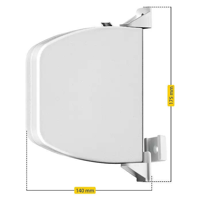 Schellenberg Aufschraubwickler Flexo - 140 x 25 x 165 mm, Geeignet für: Rollladen-Mini-Systeme, Weiß - Bild eines Rollladenkastens in Weiß mit Maßangaben. Der Rollladenkasten wird in einer Seitenansicht gezeigt.