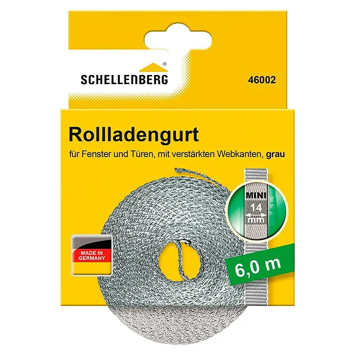 Schellenberg Rollladengurt Mini - Grau, Länge: 6 m, Gurtbreite: 14 mm - Abbildung eines Schellenberg Rolladengurts, geeignet für Fenster und Türen, verstärkte Webkanten, grau, Mini, 14 mm, 6,0 m, hergestellt in Deutschland.