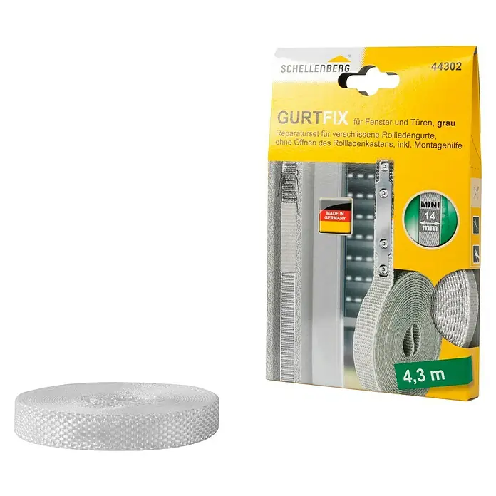 Schellenberg Gurtfix Mini - Länge: 4,3 m, Gurtbreite: 14 mm, Grau - Bild eines Schellenberg Gurtfix Rolladengurt Reparatursets in Grau, inklusive Gurtrolle mit 4,3 m Länge für Fenster und Türen.
