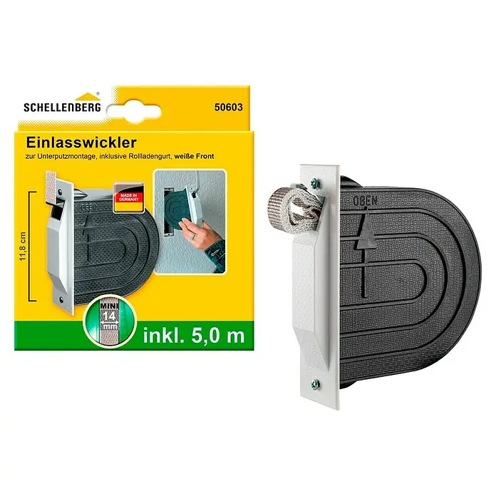Schellenberg Einlasswickler Mini - Lochabstand: 118 mm, Gurtbreite: 14 mm - Abbildung eines Schellenberg Einlasswicklers zur Unterputzmontage, inklusive Rollladengurt mit weißer Front und 5,0 m Gurtlänge.