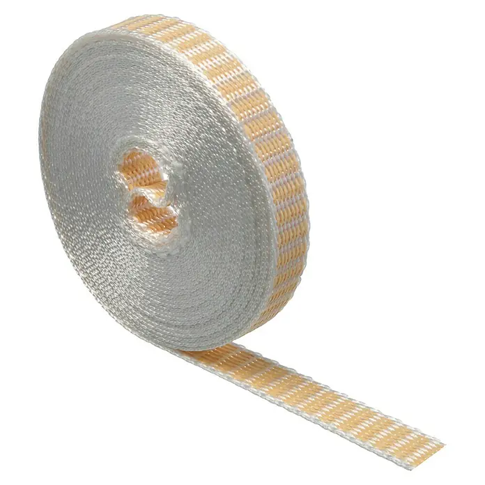 Schellenberg Rollladengurt Mini - Beige, Länge: 4,5 m, Gurtbreite: 14 mm - Dieses Bild zeigt eine Rolle gewebtes Band mit einem Muster aus weißen und hellgelben Streifen auf einem neutralen Hintergrund.