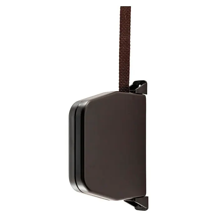 Schellenberg Aufschraubwickler Mini - L x B x H: 120 x 22 x 159 mm, Gurtbreite: 14 mm, Braun - Nahaufnahme einer braunen Kassette mit Textilband zum Aufhängen, ideal für Büro oder Zuhause, hochwertige Ausführung.