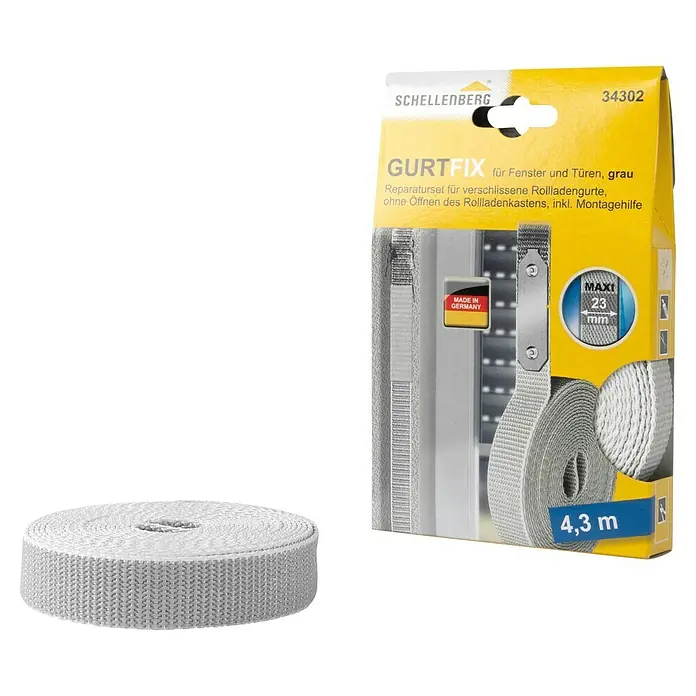Schellenberg Gurtfix Maxi - Länge: 4,3 cm, Gurtbreite: 23 mm, Grau - Das Schellenberg Gurtfix Reparaturset für Rollladengurte in Grau, inklusive Montagehilfe und einer Länge von 4,3 Metern.
