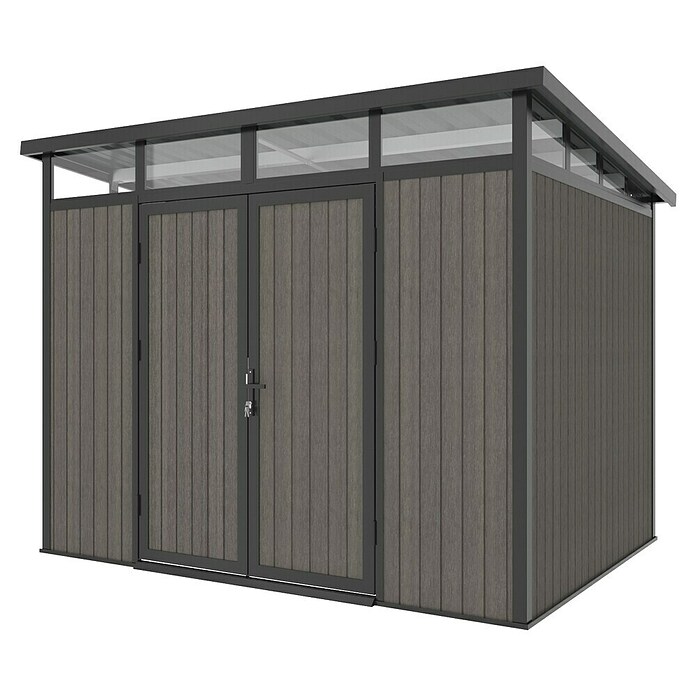 Gerätehaus 9x7 (Außenmaß inkl. Dachüberstand (B x T): 300 x 225,6 cm, Verbundwerkstoff, Silver Gray) | BAUHAUS