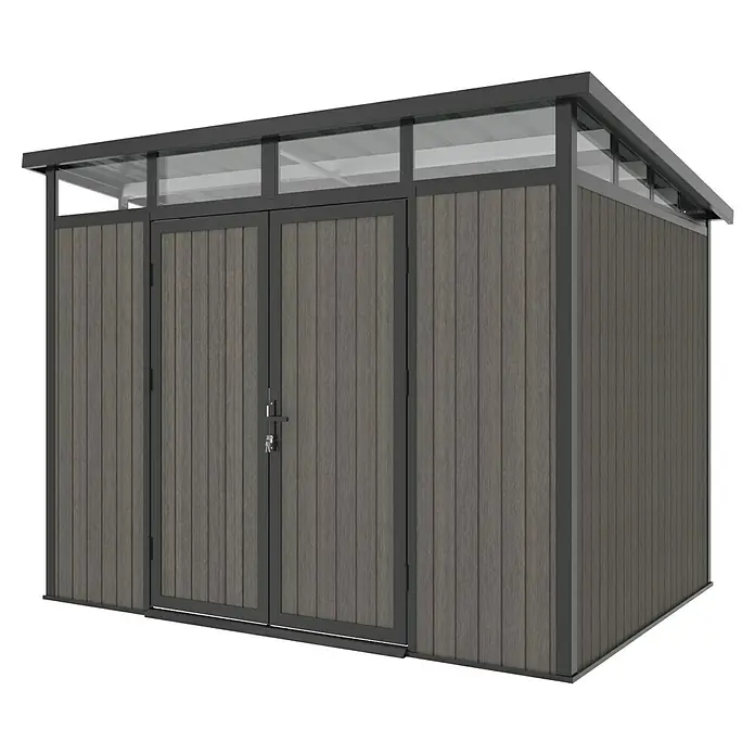 Gerätehaus 9x7 - Außenmaß inkl. Dachüberstand (B x T): 300 x 225,6 cm, Verbundwerkstoff, Silver Gray - Hier ist eine Abbildung eines modernen Gartenschuppens mit Holzwandverkleidung und einem Oberlichtdach für natürliche Beleuchtung.