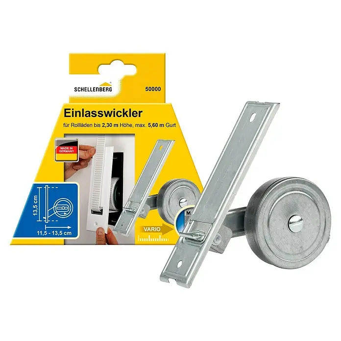Schellenberg Rollladen-Gurtwickler Maxi - Lochabstand: 135 mm, Gurtbreite: 23 mm, Max. Gurtlänge: 5,6 m - Produktabbildung eines Schellenberg Einlasswicklers, geeignet für Rollläden bis 2,30 m Höhe und max. 5,60 m Gurt, inklusive Größenangaben.