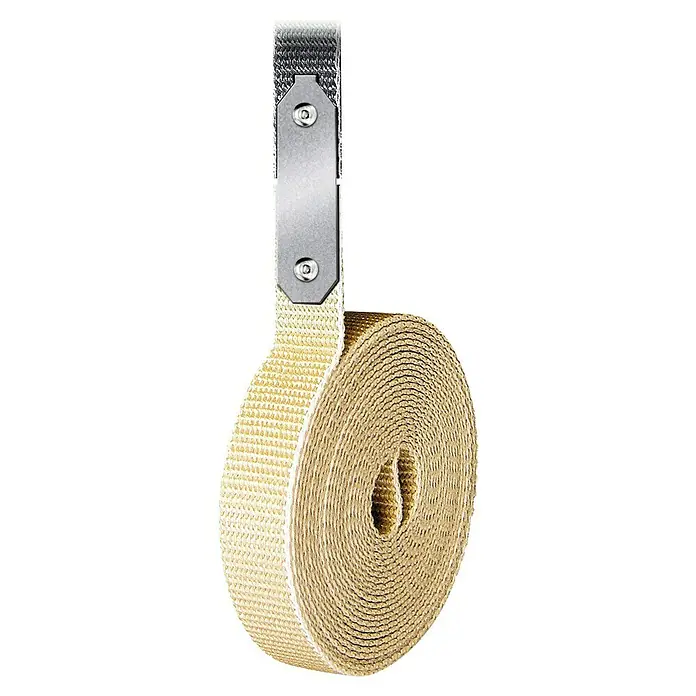 Schellenberg Gurtfix Maxi - Länge: 4,3 m, Gurtbreite: 23 mm, Beige - Ein aufgerolltes Hitzeschutzband mit einem Metalleinsatz, das für die Isolierung von Auspuffanlagen verwendet wird.