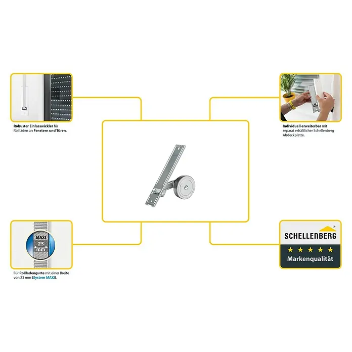 Schellenberg Rollladen-Gurtwickler Maxi - Lochabstand: 185 mm, Gurtbreite: 23 mm, Max. Gurtlänge: 5,6 m - Abbildung eines Schellenberg Maxi Einlasswickler für Rollladengurte bis 23 mm Breite, ideal für Fenster und Türen.