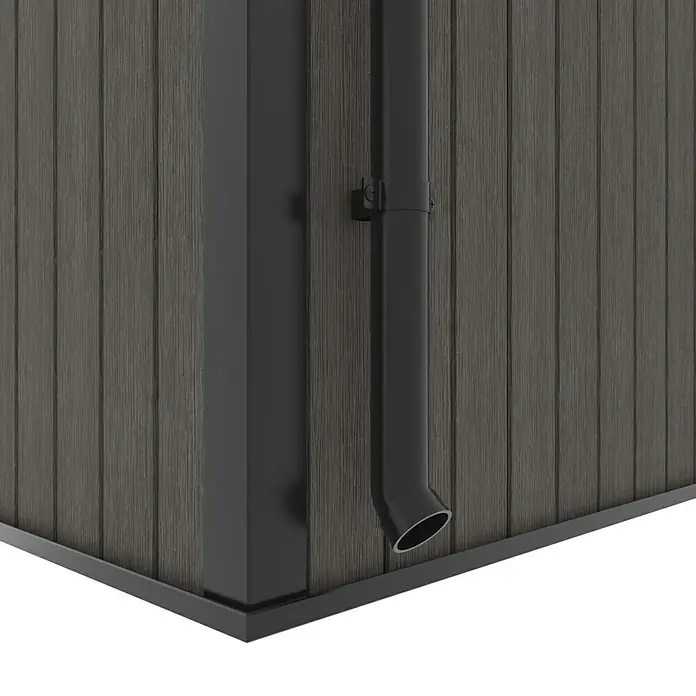 Gerätehaus 9x7 - Außenmaß inkl. Dachüberstand (B x T): 300 x 225,6 cm, Verbundwerkstoff, Silver Gray - Detailaufnahme einer schwarzen Dachrinne und einer Eckleiste an einer Fassade. Präzise entworfene Bauelemente.