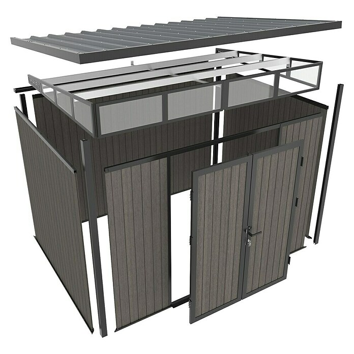 Gerätehaus 9x7 (Außenmaß inkl. Dachüberstand (B x T): 300 x 225,6 cm, Verbundwerkstoff, Silver Gray) | BAUHAUS