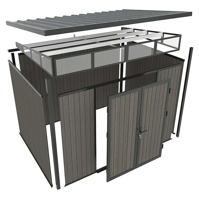 Gerätehaus 9x7 - Außenmaß inkl. Dachüberstand (B x T): 300 x 225,6 cm, Verbundwerkstoff, Silver Gray - Explosionsdarstellung eines geräumigen Mülltonnenbox-Designs mit doppelten Türen, grauem Holz und stabilen Metallrahmen.