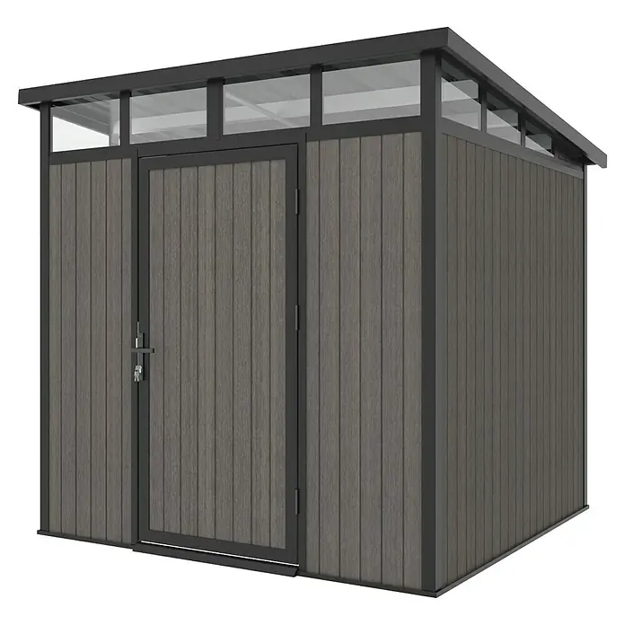 Gerätehaus 7x7 - Außenmaß inkl. Dachüberstand (B x T): 237 x 225,6 cm, Verbundwerkstoff, Silver Gray - Abbildung eines modernen Gartenhauses mit Holzwand und transparentem Dach. Ideal für die Aufbewahrung von Gartengeräten.