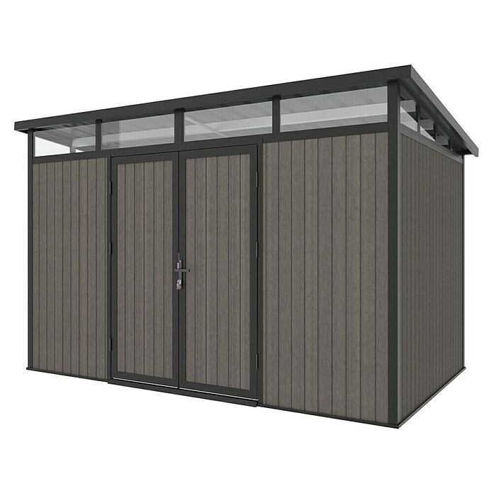 Gerätehaus 11x7 (Außenmaß inkl. Dachüberstand (B x T): 360 x 225,6 cm, Verbundwerkstoff, Silver Gray) | BAUHAUS