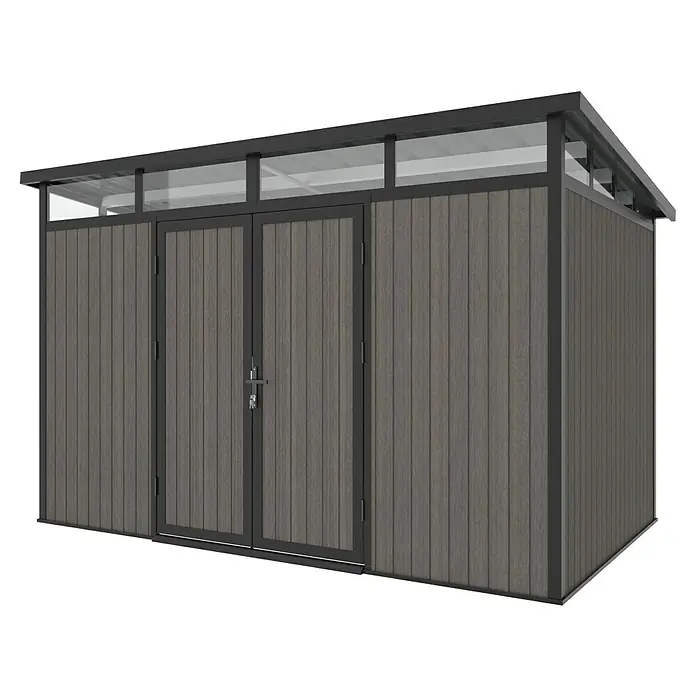 Gerätehaus 11x7 - Außenmaß inkl. Dachüberstand (B x T): 360 x 225,6 cm, Verbundwerkstoff, Silver Gray - Diese Abbildung zeigt ein modernes Gerätehaus mit Doppeltür und Oberlicht. Das Haus ist aus Holz und Metall gefertigt.