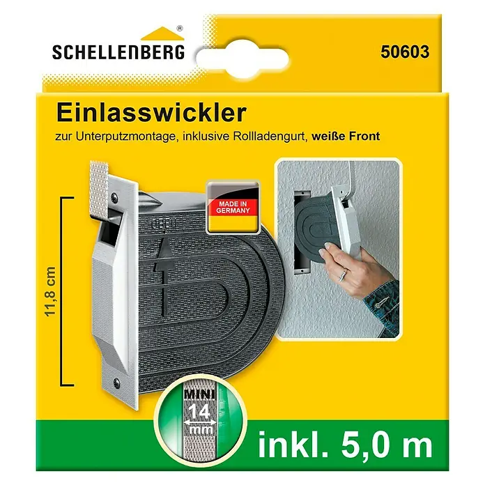 Schellenberg Einlasswickler Mini - Lochabstand: 118 mm, Gurtbreite: 14 mm - Bild einer Verpackung für einen Schellenberg Einlasswickler inklusive Rollladengurt, weiße Front und einer Länge von 5,0 m.
