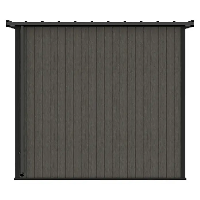 Gerätehaus 7x7 - Außenmaß inkl. Dachüberstand (B x T): 237 x 225,6 cm, Verbundwerkstoff, Silver Gray - Das Bild zeigt eine graue, vertikale Holzlamellenwand mit einem dunklen Rahmen. Die Lamellen sind schmal und dicht nebeneinander angeordnet.