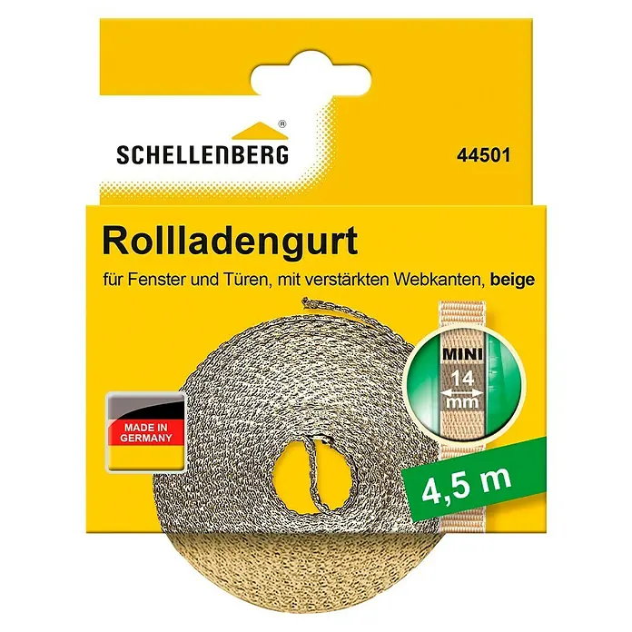 Schellenberg Rollladengurt Mini - Beige, Länge: 4,5 m, Gurtbreite: 14 mm - Produktabbildung einer Schellenberg Rollladengurt-Verpackung, beige, 4,5 m lang, mit verstärkten Webkanten, geeignet für Fenster und Türen.
