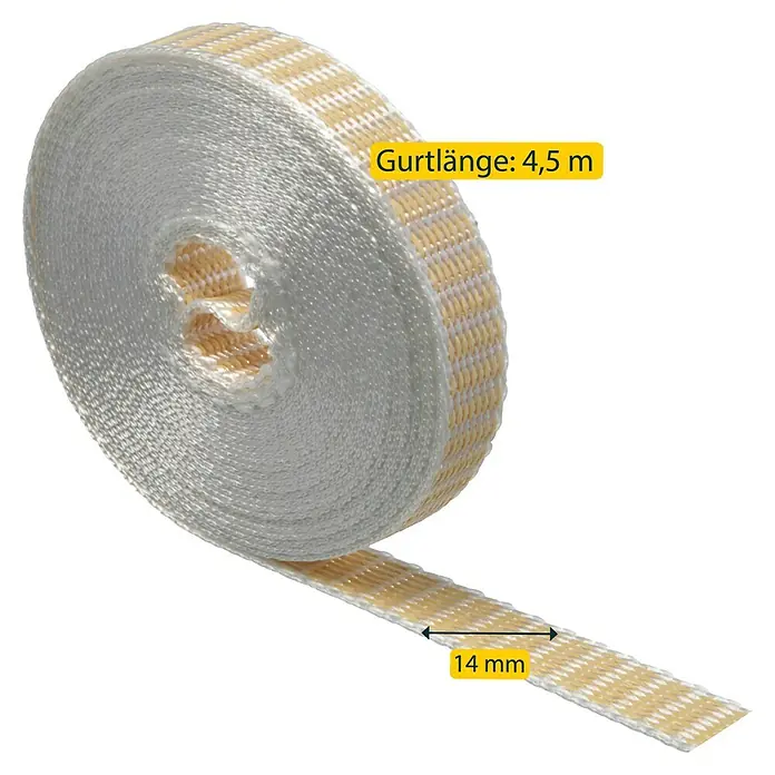 Schellenberg Rollladengurt Mini - Beige, Länge: 4,5 m, Gurtbreite: 14 mm - Abbildung eines Gurtes mit einer Länge von 4,5 m und einer Breite von 14 mm.
