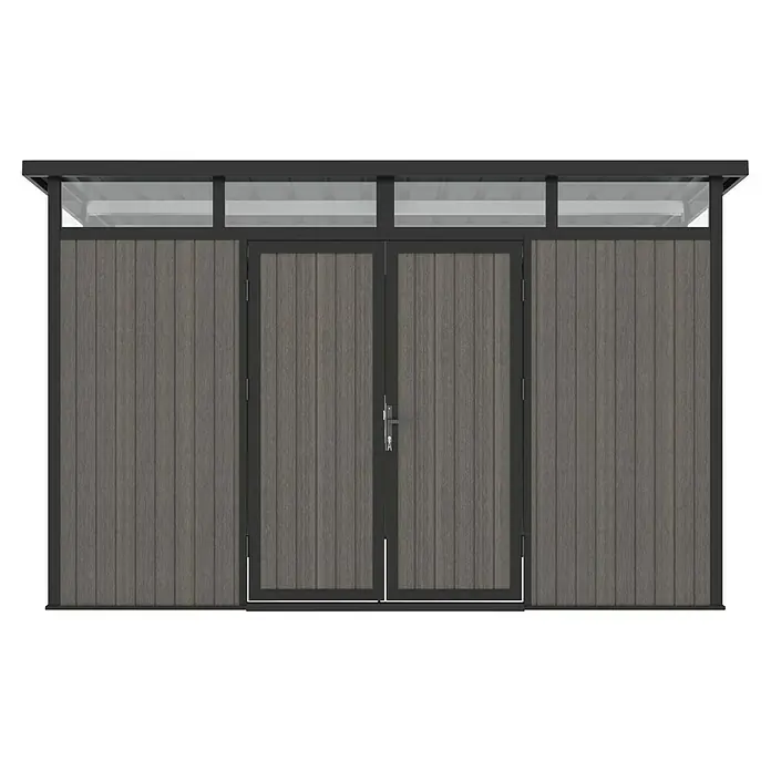 Gerätehaus 11x7 - Außenmaß inkl. Dachüberstand (B x T): 360 x 225,6 cm, Verbundwerkstoff, Silver Gray - Ansicht eines modernen Holzschuppens mit Doppeltür und Oberlicht, ideal für Garten und Werkzeugaufbewahrung.
