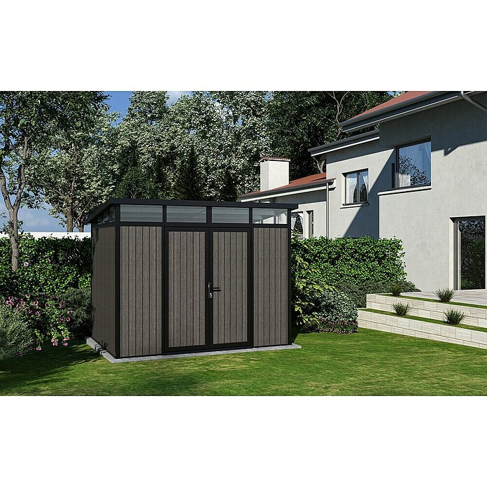 Gerätehaus 9x7 (Außenmaß inkl. Dachüberstand (B x T): 300 x 225,6 cm, Verbundwerkstoff, Silver Gray) | BAUHAUS