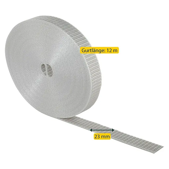Schellenberg Rollladengurt Maxi - Grau, Länge: 12 m, Gurtbreite: 23 mm - Produktbild von einem 12 m langen, 23 mm breiten Gurtband. Perfekt für verschiedene Anwendungen, robust und vielseitig.