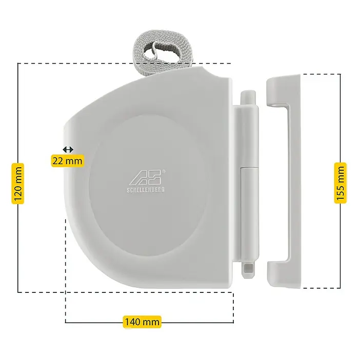 Schellenberg Aufschraubwickler - 143 x 22 x 157 mm, Geeignet für: Rollladen-Mini-Systeme, Weiß - Abbildung eines Schellenberg Rolladen-Gurtwicklers mit Maßangaben. Ideal für die einfache Bedienung von Rolläden im Haus.