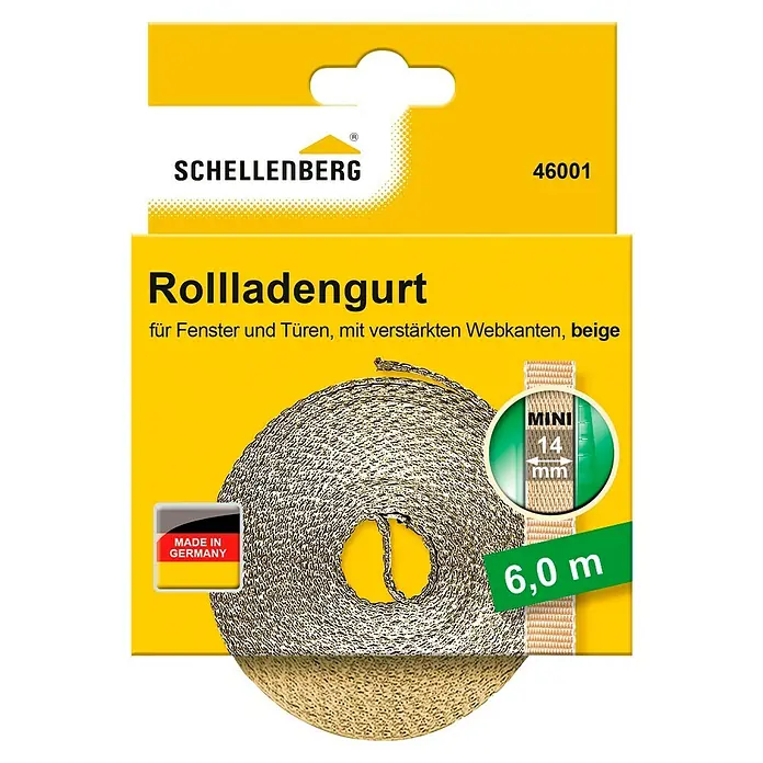 Schellenberg Rollladengurt Mini - Beige, Länge: 6 m, Gurtbreite: 14 mm - Produktbild des Schellenberg Rollladengurts, 6,0 m lang, Mini 14 mm, beige, für Fenster und Türen, mit verstärkten Webkanten, Made in Germany.