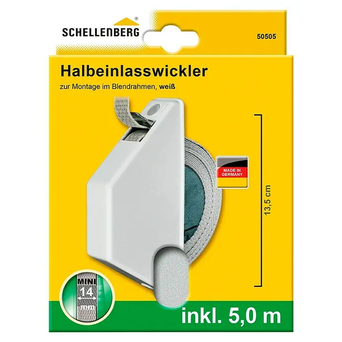 Schellenberg Halbeinlasswickler Mini - 110 x 28 x 152 mm, Geeignet für: Rollladen-Mini-Systeme - Abbildung eines Schellenberg Halbeinlasswickler für Rollläden zur Montage am Fensterrahmen, Farbe Weiß, inklusive 5,0 m Gurtband.