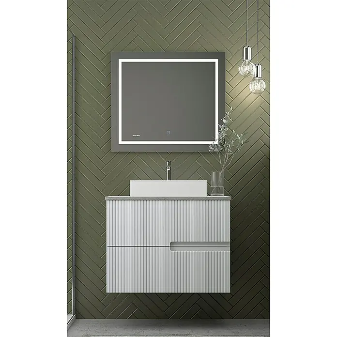 Duplach Mueble bajo de lavabo Mana - L x An x Al: 45 x 60 x 60 cm, Gris - Conjunto de baño moderno con espejo LED y mueble lavabo con diseño acanalado para un ambiente elegante.