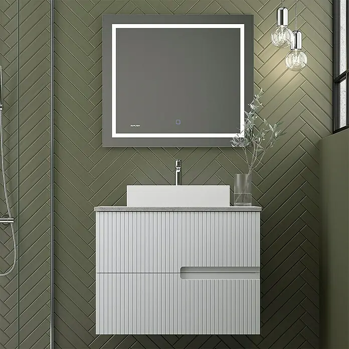 Duplach Mueble bajo de lavabo Mana - L x An x Al: 45 x 60 x 60 cm, Gris - Interior de baño con mueble de lavabo moderno, lavabo sobre encimera rectangular y espejo iluminado.