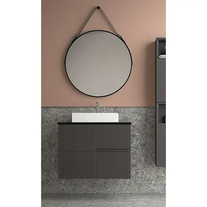 Duplach Mueble bajo de lavabo Mana - L x An x Al: 45 x 60 x 60 cm, Antracita - Interior de baño moderno con un elegante mueble de lavabo y un espejo redondo con correa.