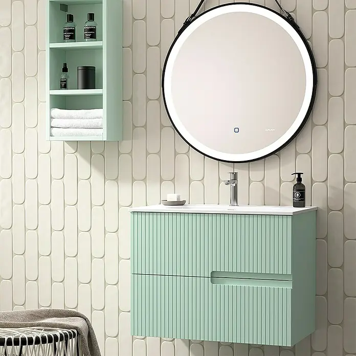 Duplach Mueble bajo de lavabo Mana - L x An x Al: 45 x 60 x 60 cm, Menta - Elegante conjunto de baño con tocador verde menta, armario con espejo y espejo redondo LED para una elegancia moderna.